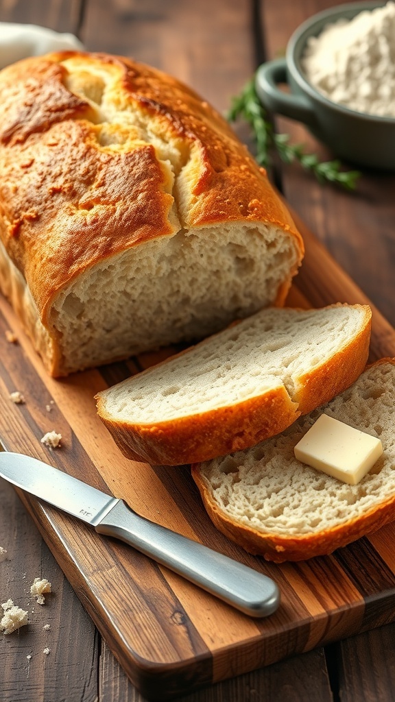 Freshly baked homemade bread loaf sliced on a cutting board with a golden crust and soft interior.
